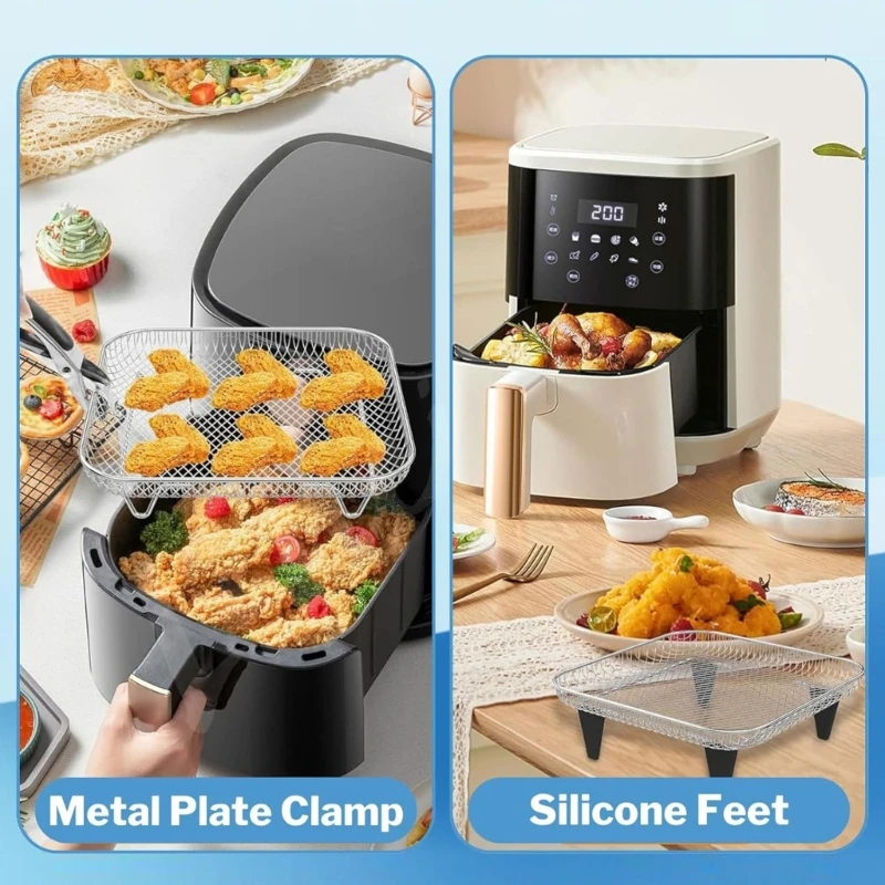 Stainless Steel Air Fryers Accessory Set 3 Tiers Stackable Dehydrator Racks with Clip and Brush Silicone Feet for Fryers 2