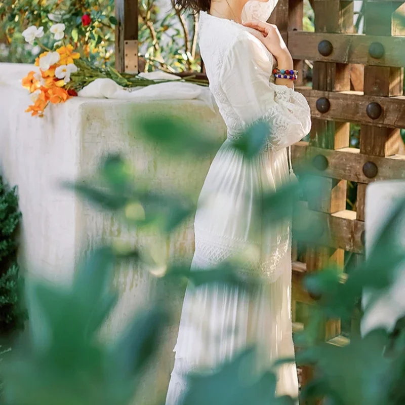 Bohemian White Beach Dress Women Elegant Party Dresses Spring Auutm V-neck Sexy Hollow Out High Waist Long Robe Vestidos