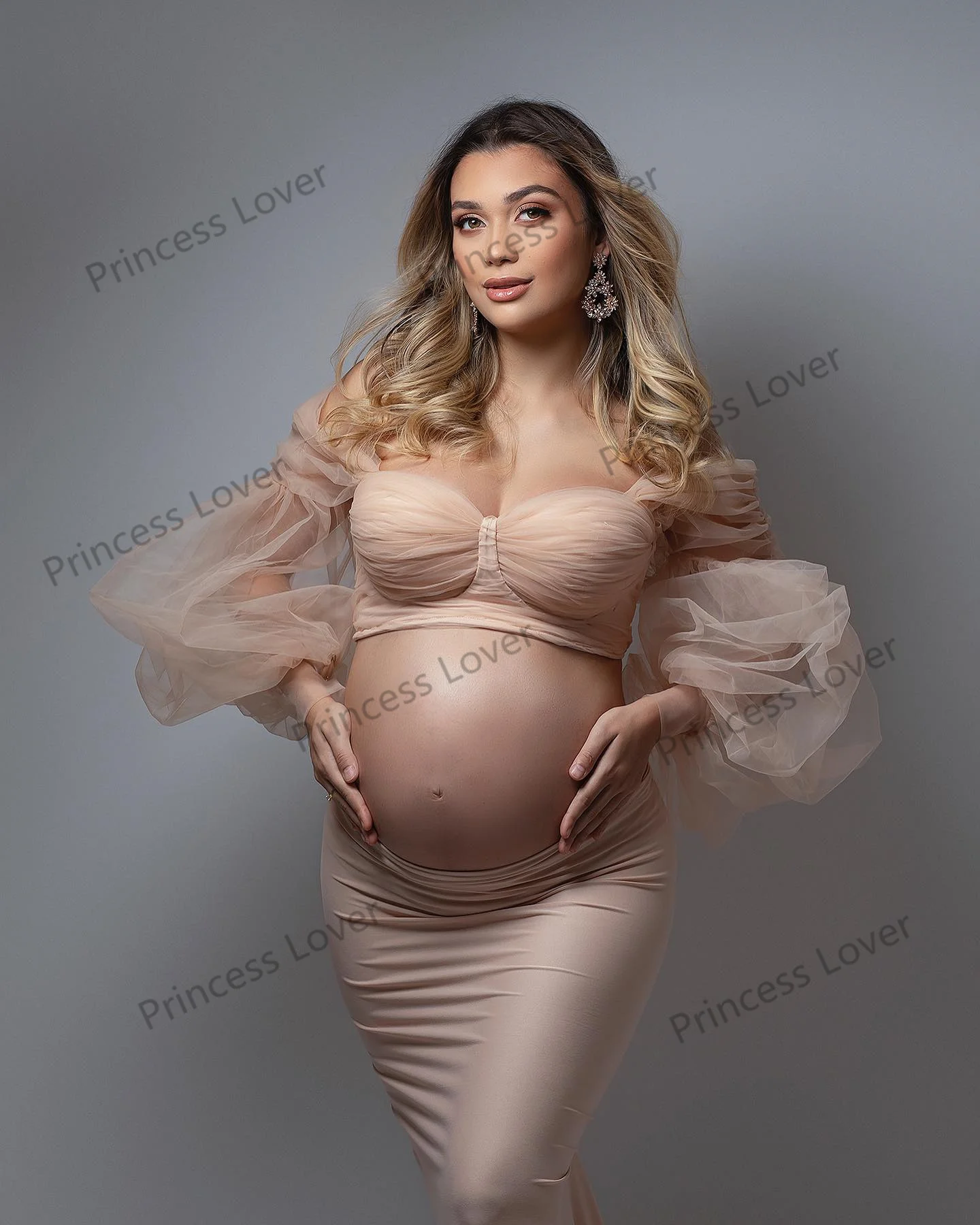 2 Pcs Pregnant Women Prom Dresses Long Sleeves Tulle Pleat Tube Top Maternity Photography Dressing Gown Skirt Baby Shower Dress