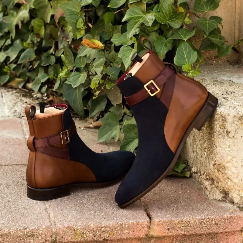 

Men's Short Boots Buckle Strap Mixed Colors Blue Brown Shoes for Men with Free Shipping Fashion Handmade Ankle Boots for Men
