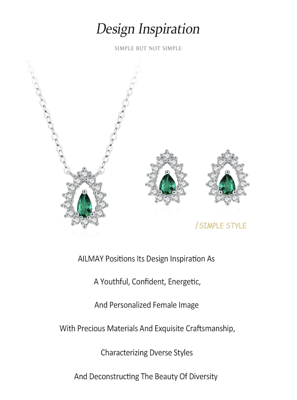 Ailmay 925 Sterling Silver Luxury Water Drop with Green Zircon Pendant Necklace Earrings for Women Jewelry Sets Party Gift
