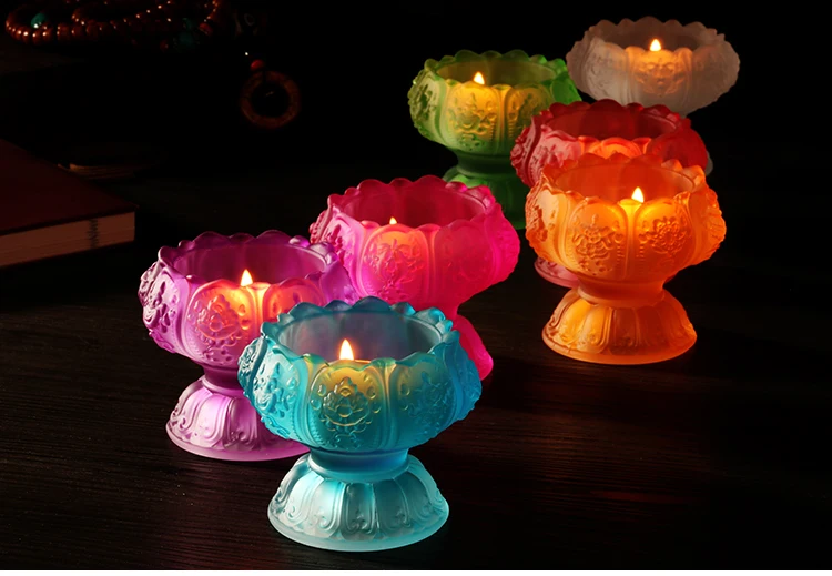 

COOL-Wholesale Buddhist articles -HOME family efficacious Protection Talisman- 7 Colored Glaze Lotus lamp holder Holy water cup