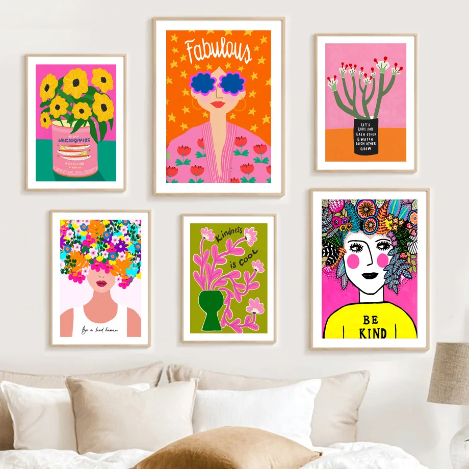 

Colorful Flower Rainbow Cup Leopard Lady Wall Art Canvas Painting Nordic Posters And Prints Wall Pictures For Living Room Decor