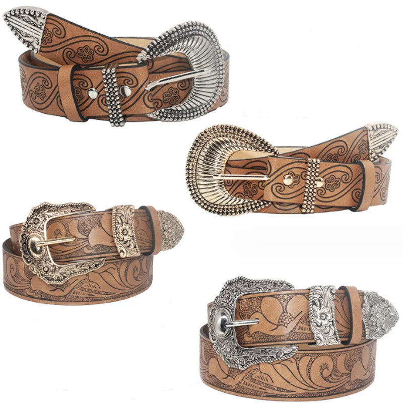

Retro Plum Blossom Buckle Women's Belt Spicy Girl Embossed Print Waist Belt Fashionable Waistband for Clothing Accessories