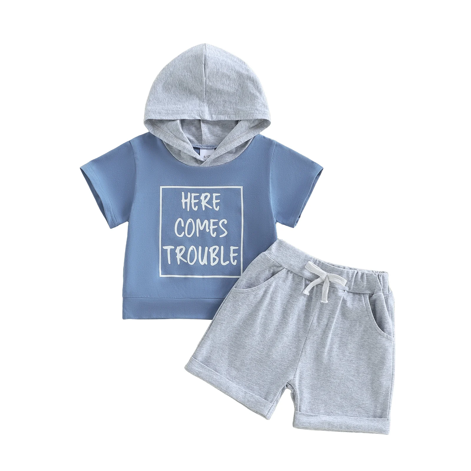 Boys 2-Piece Summer Outfit Set with Short-Sleeve Hooded Top and Printed Shorts for Toddlers Letter Print Design