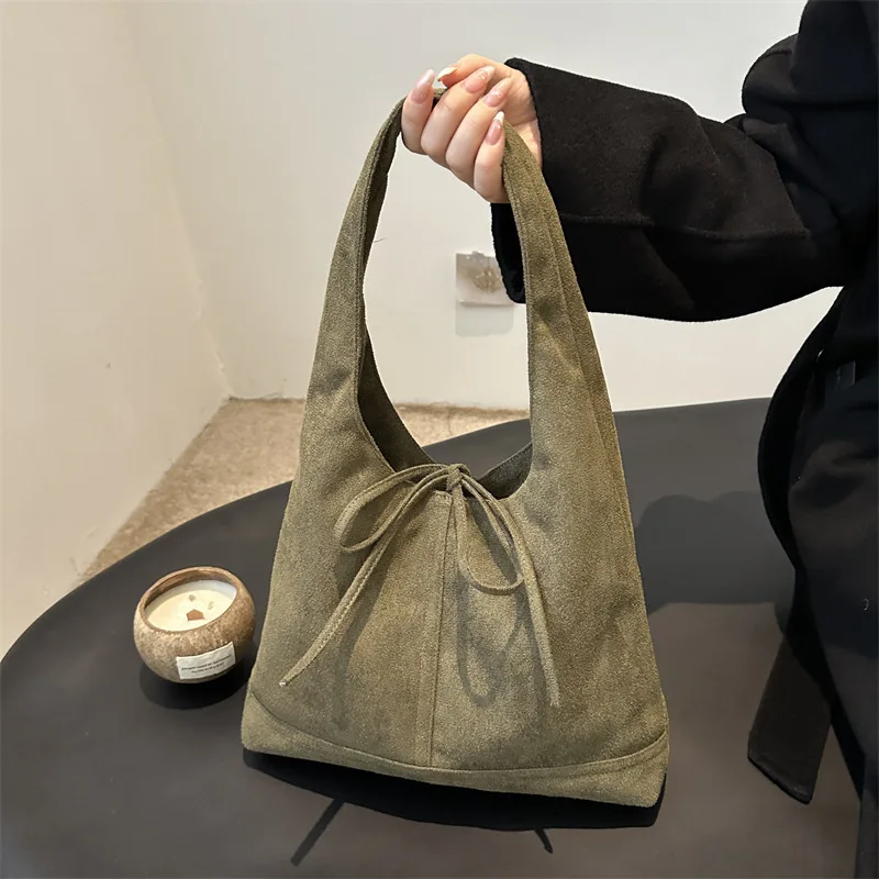 Vintage Suede Tote Bag Large Capacity Fashion Shoulder Casual Solid Handbag Autumn Winter Bucket Underarm Bags for Women