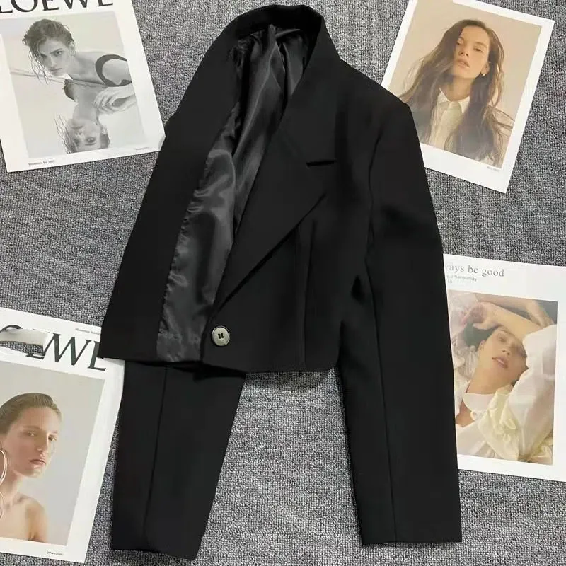 Xpqbb Black Cropped Blazers Woman Trend 2024 New All-match Notched Collar Crop Jacket Women Korean Chic Single Button Suit Coat 2