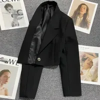 Xpqbb Black Cropped Blazers Woman Trend 2024 New All-match Notched Collar Crop Jacket Women Korean Chic Single Button Suit Coat 2