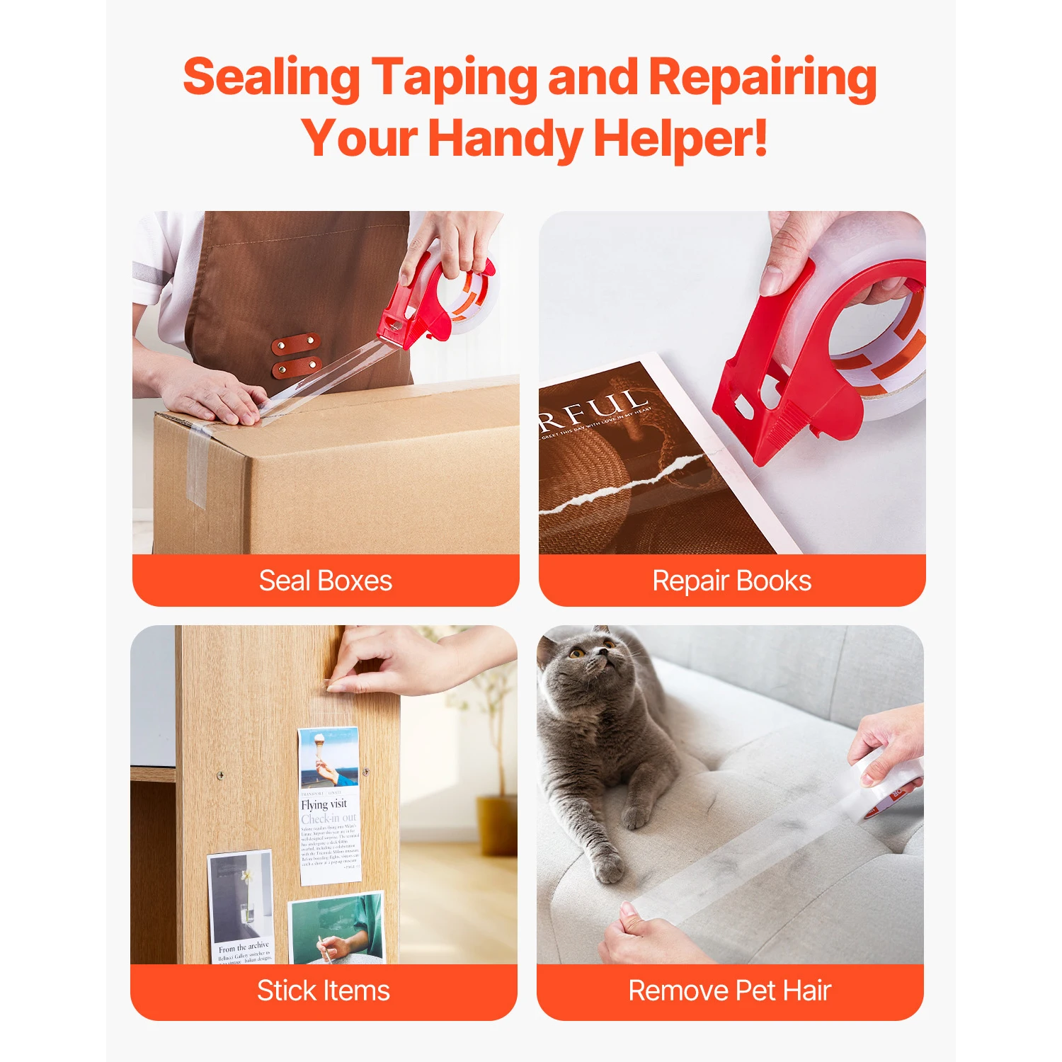 SucceBuy 6 Rolls 59M Transparent Tape BOPP Paper Packaging Sealing Tape with 6pcs Dispenser for Box Moving Packing, Shipping