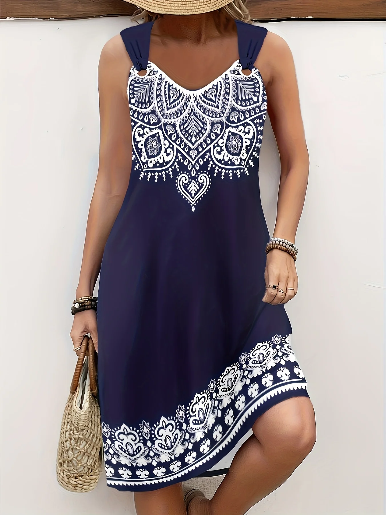 

2024 New Arrival Popular Women's Navy Breathable Tribal Print Circle A-Line Sleeveless Dress Clothes Ladies Evening Prom Dresses
