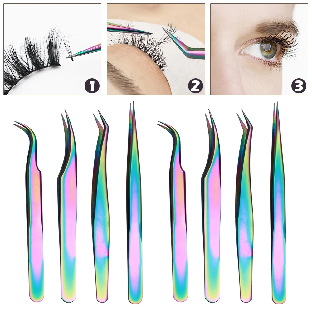 Colorful Curved Tip Eyelashes Tweezers Stainless Steel Precision Eyelash Grafting Tweezers Eye Makeup Eyelash Extension Tweezers 3