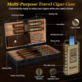 Travel Cigar Humidor Cedar Wood Lined,Waterproof Anti Pressure Sealed Cigar Storage Case,With Humidifier and Cigar Lighter Set 2