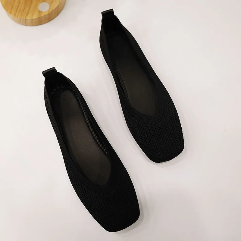 Women's Solid Flat Shoes Women Soft Comfortable Ballet Boat Sneakers Simple Knitted Square Toe Shallow Breathable Office Flats
