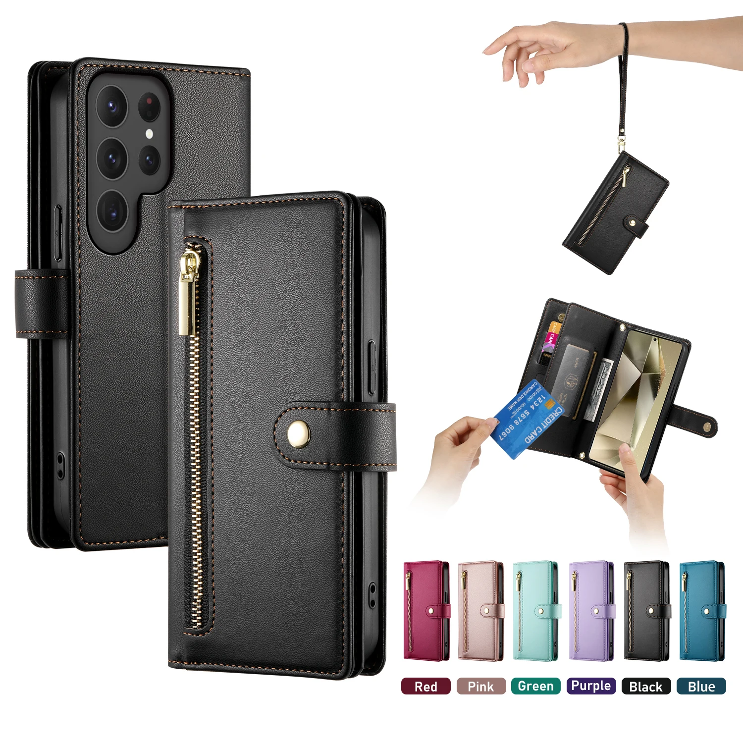 Crossbody Wrist Strap Phone Case with Zipper Wallet and Card Holder Cover