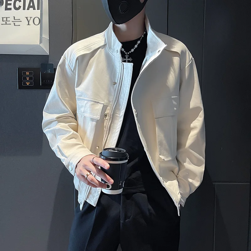 봄 가을 남성 작업 가죽 자켓 트렌디 브랜드 바이커 자른 자켓 2023 새로운 캐주얼 가을 컬렉션 남성