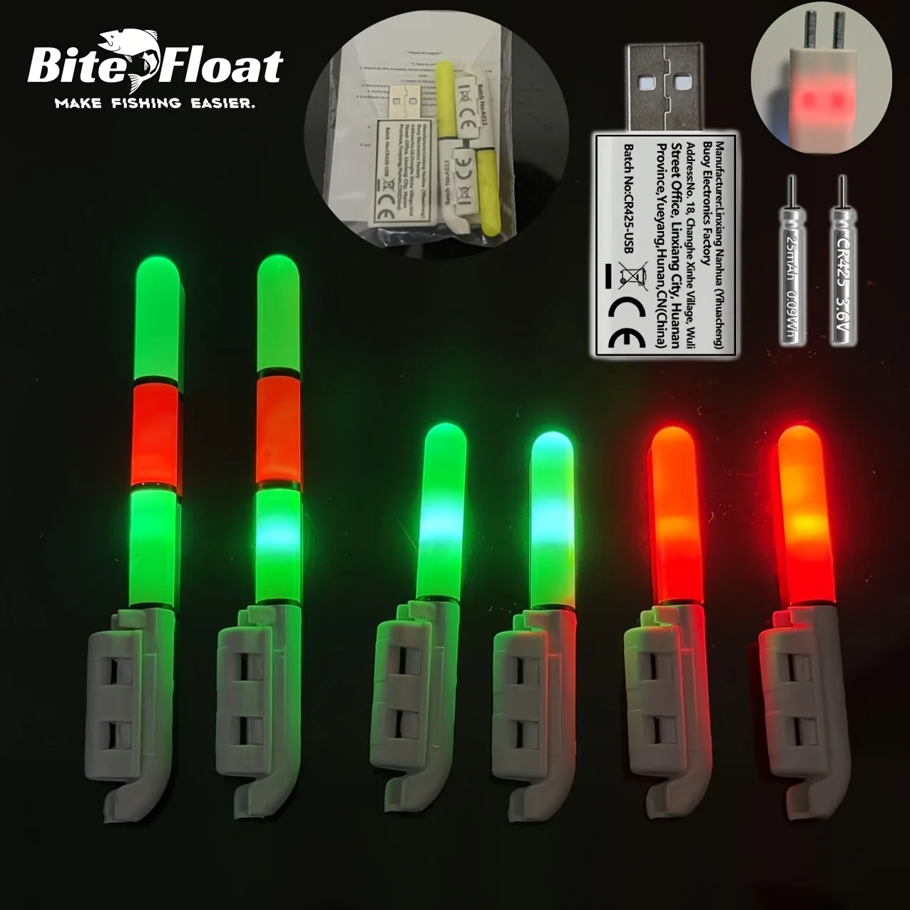 Bite Float Fishing Rod Light Set 5-piece Combination Charging Set (2 Rod Lights+2 Rechargeable CR425 Battery+1 USB Charger)