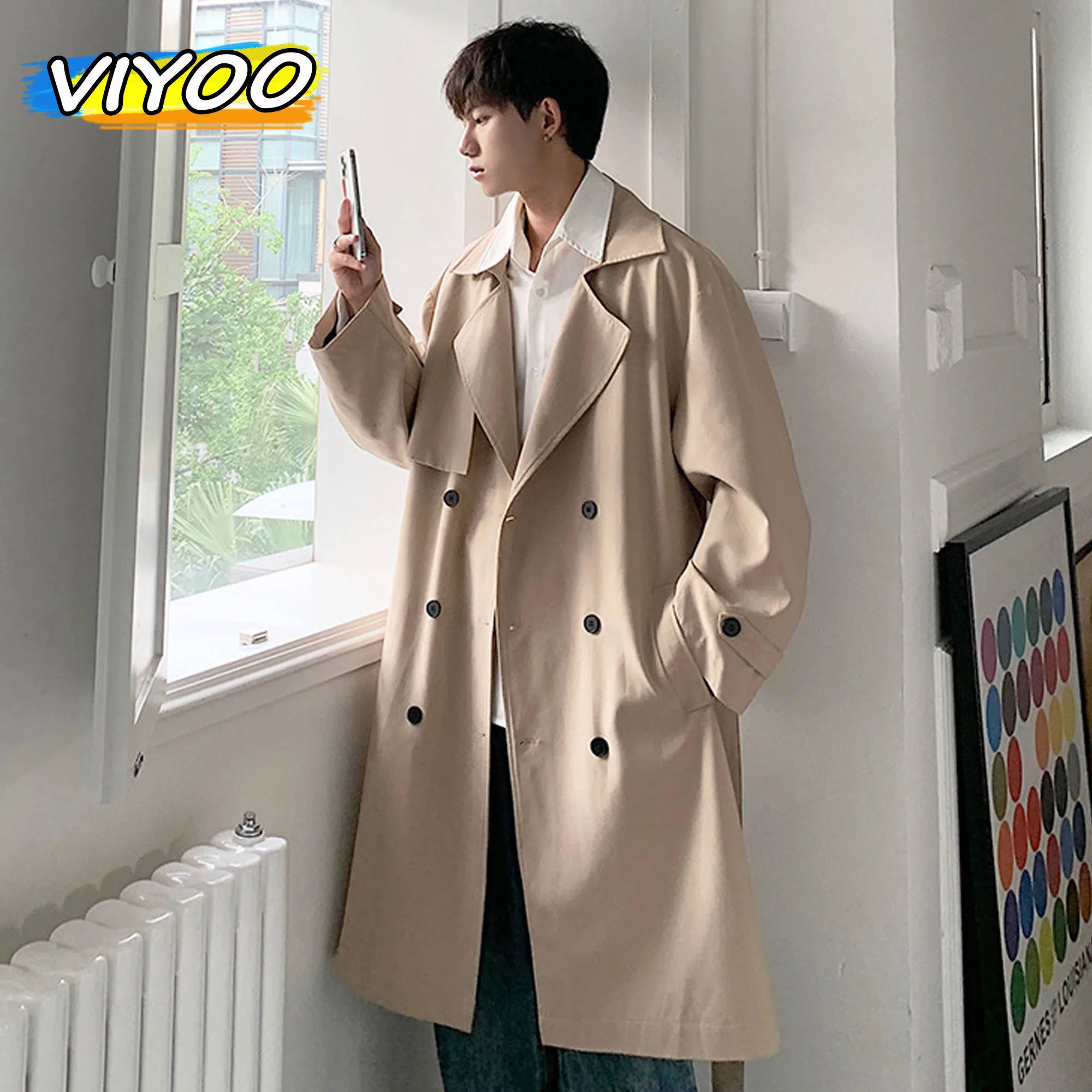 

Khaki Men's Oversized Long Trench Coat Double Button Windbreaker New In Outerwears Long Jacket For Men Korean Style 2023 Male