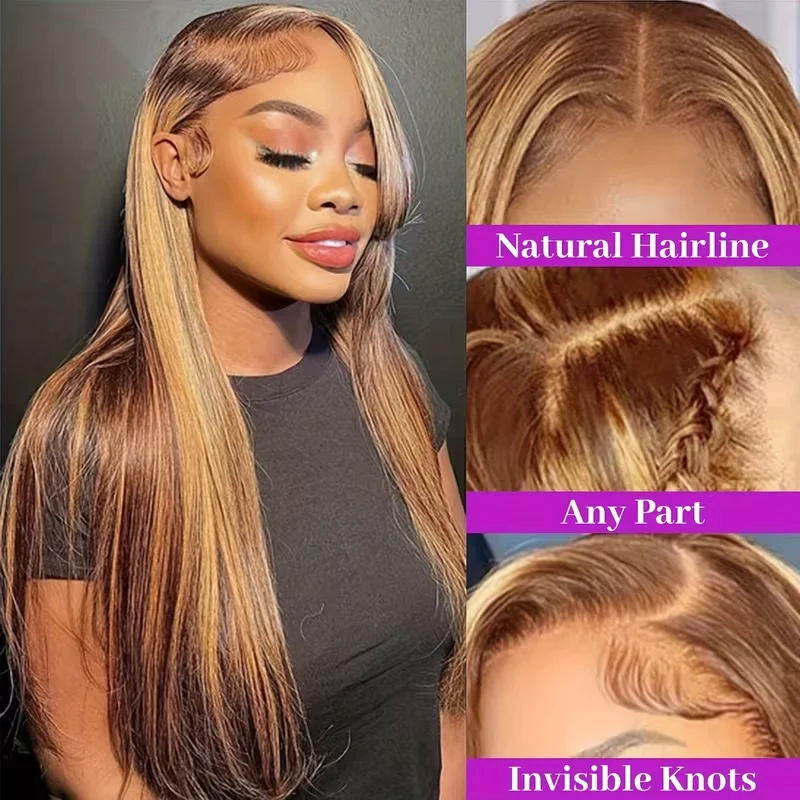 P4/27 Highlight Straight Human Hair Wigs 13x6 Hd Lace Frontal Wig 220 Density Brazilian Human Hair 13x4 Lace Front Wig For Women 5