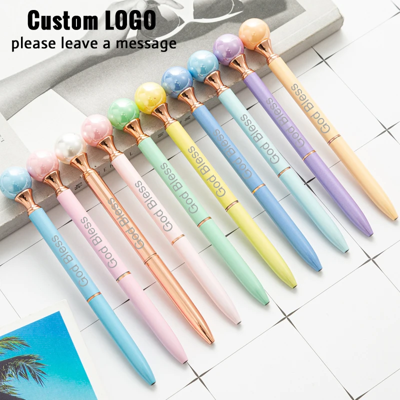 Kawaii Pearl Ballpoint Pens Cute Multicolor Signature Pen Engraving Logo Metal Advertising Pen School Student Writing Stationery 100pcs lot ballpoint pen free custom logo school office student exam signature pen for writing stationery supply laser engraving