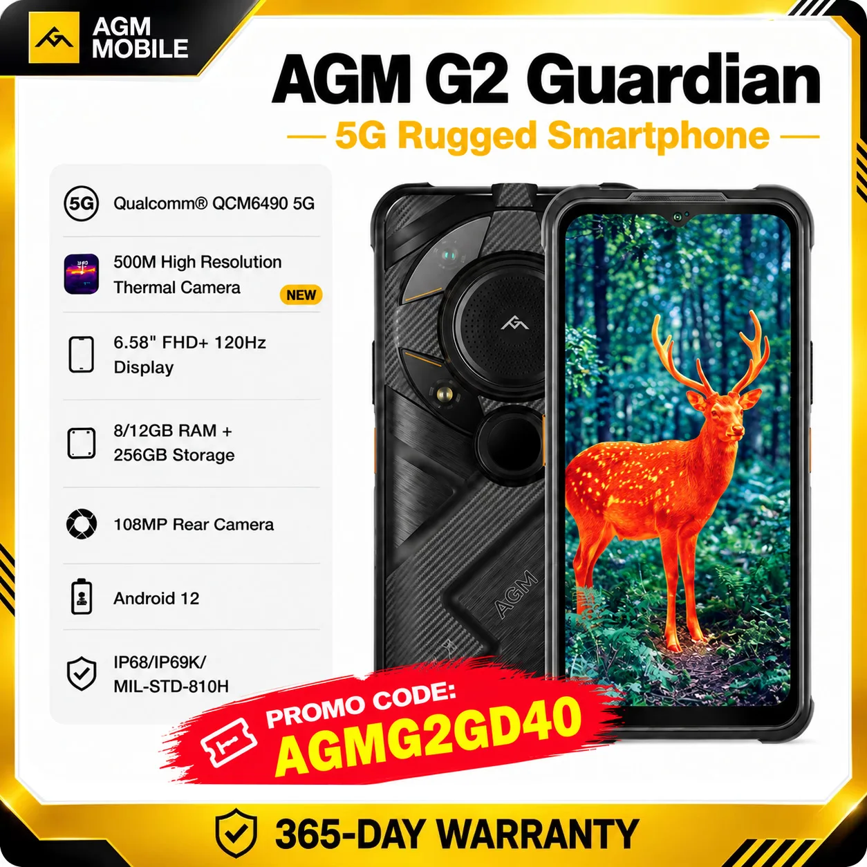 AGM G2 Guardian 5G Rugged Smartphone 500m Thermal Imaging, 10mm Lens, 25FPS, 108MP+32MP Camera, 12GB+256GB, 7000mAh Battery,