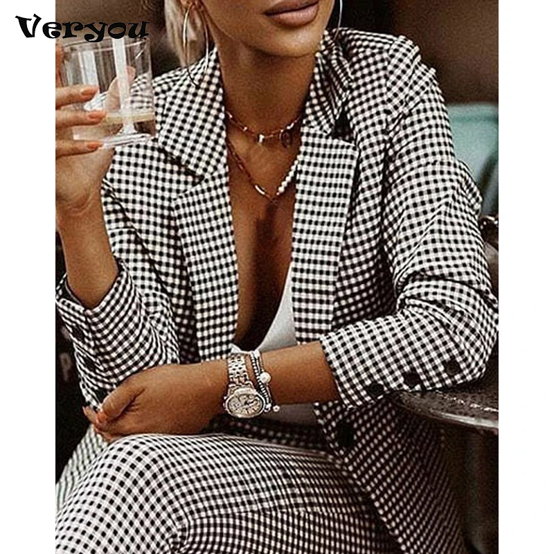 

Женский клетчатый облегающий костюм с лацканами, повседневный элегантный офисный костюм для женщин, жакет с длинным рукавом и брюки с высокой талией, весна-осень 2022
