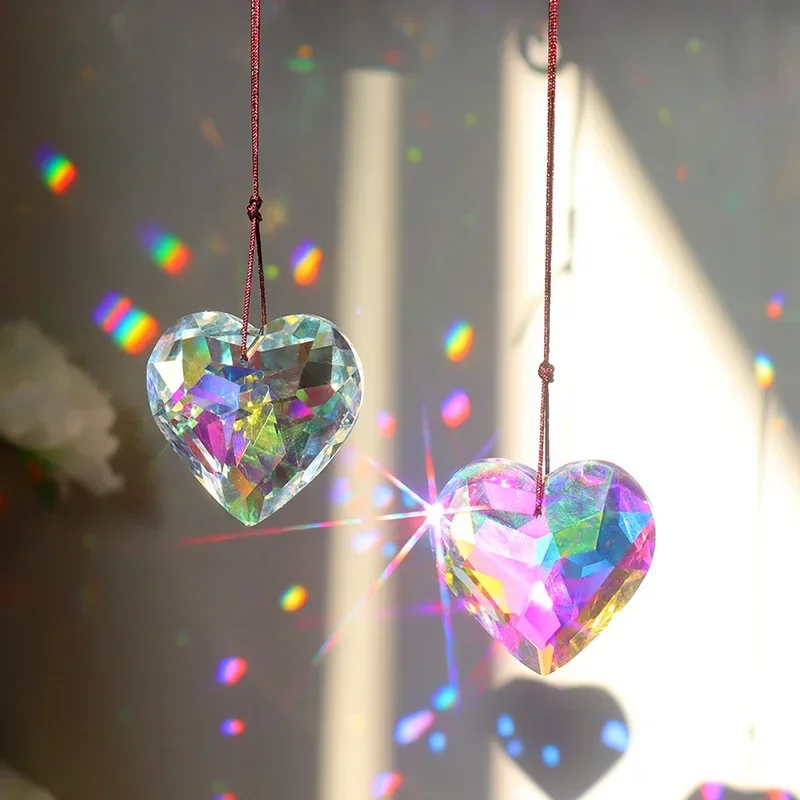 Crystal Suncatcher Rainbow Prism Light Catcher Heart Crystal Pendant Window Hanging Wind Chime Car Charm Garden Home Decoration