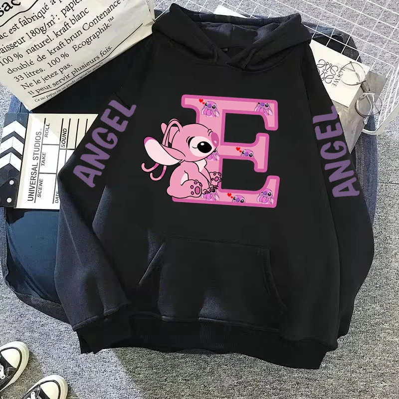 2024 Women's Winter Jacket Cute Kawaii Disney Lilo & Stitch Lucky Letter Print Black Hoodie Fashion Couple Streetwear Sportswear 5
