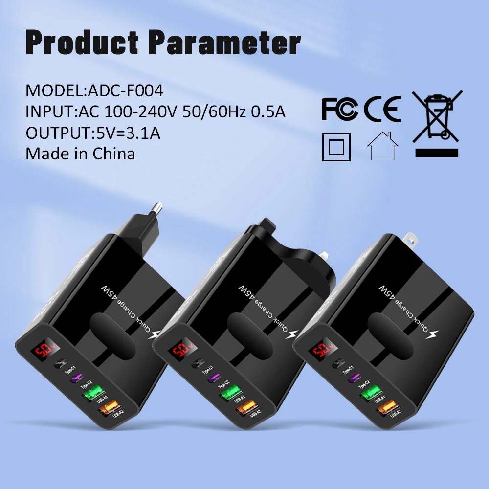 45W USB C Charger LED Digital Display Wall Charger Adapter For iPhone 14 Samsung Xiaomi Quick Charger 3.0 Mobile Phone Charger
