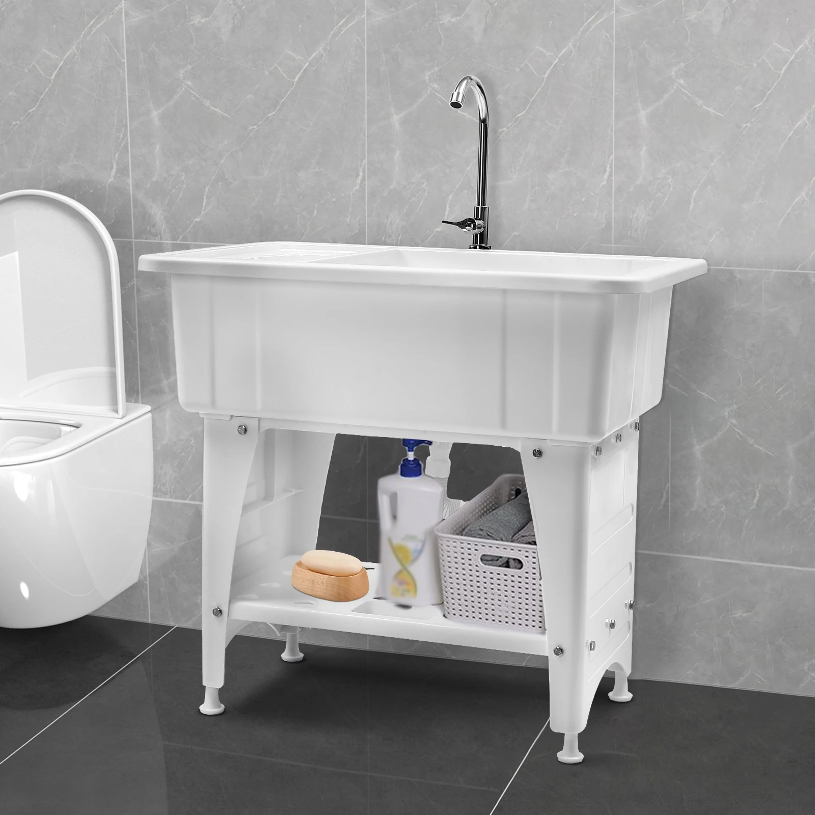 Freestanding Plastic Laundry Sink with Storage Shelf & Washboard Utility Sink Laundry Tub with Stainless Faucet 6
