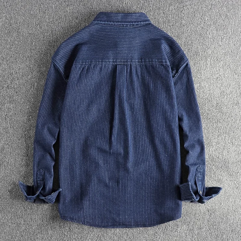 Denim Shirt Fashionable men's vintage washed pinstripe denim long-sleeved shirt spring and autumn American cargo casual denim shirt,long sleeved shirt