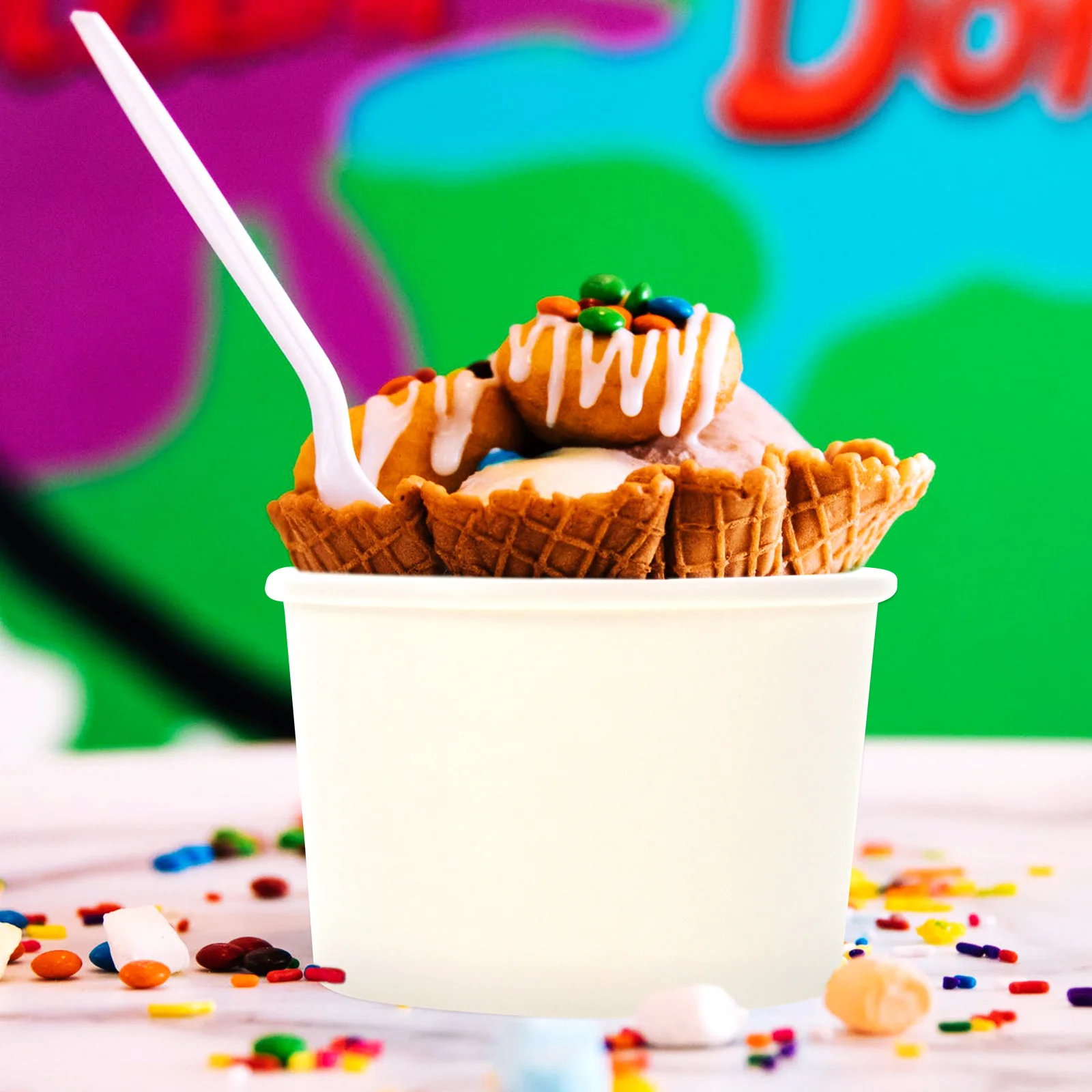 50Pcs Disposable Ice Cream Paper Cup Ice Cream Paper Cup With Lid Snack Dessert Container Yogurt Cake Sundae Pudding Cups