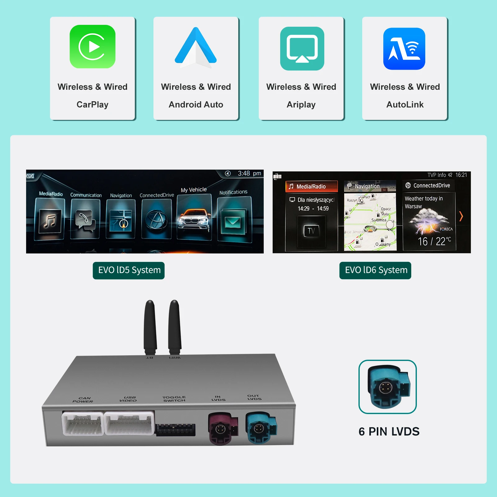 Kabelloses CarPlay Android Auto für BMW 5er 7er Serie F10 F11 F07 GT F01 F02 F03 F04 2009-2016 mit Airplay BT Multimedia Decoder Box – Detail 3