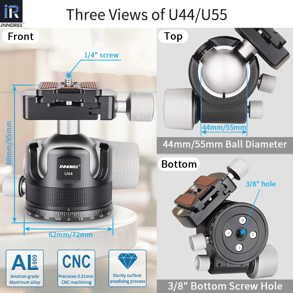 INNOREL U44/U55 Low Profile Camera CNC Metal Heavy Duty 360 Panoramic Tripod Ball Head, for Tripod Monopod DSLR Camera Camcorder