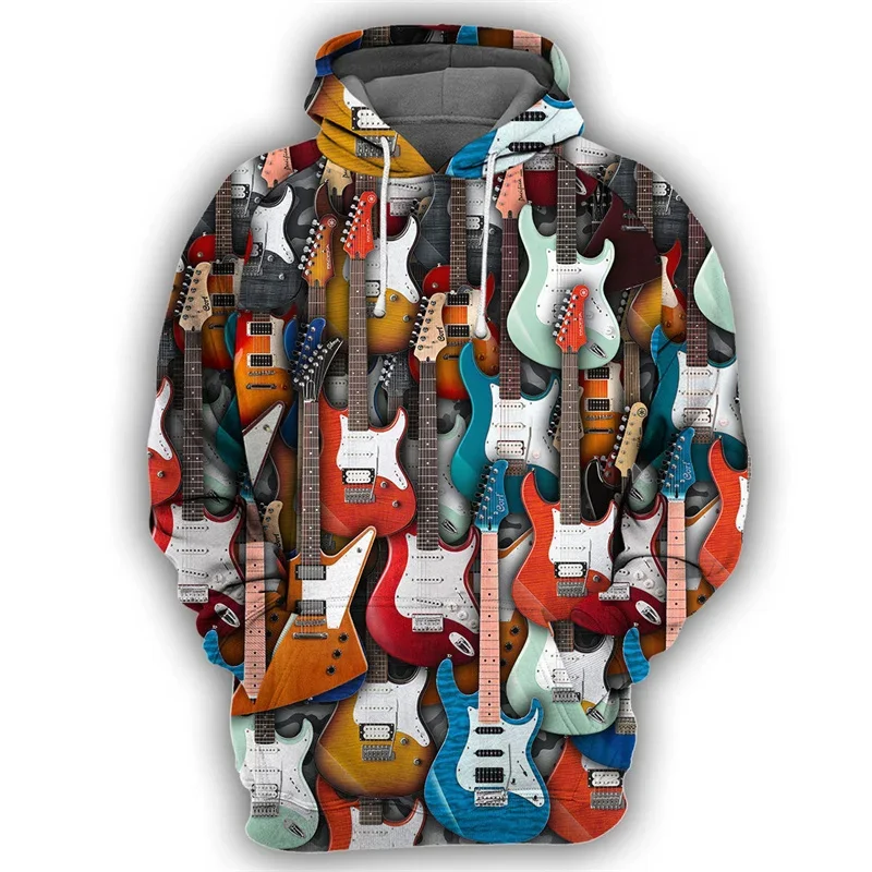 Sudadera con capucha y estampado 3D de guitarra y piano para hombre, sudadera de manga larga con patrón de instrumento musical, abrigo con capucha de calle, ropa para hombre
