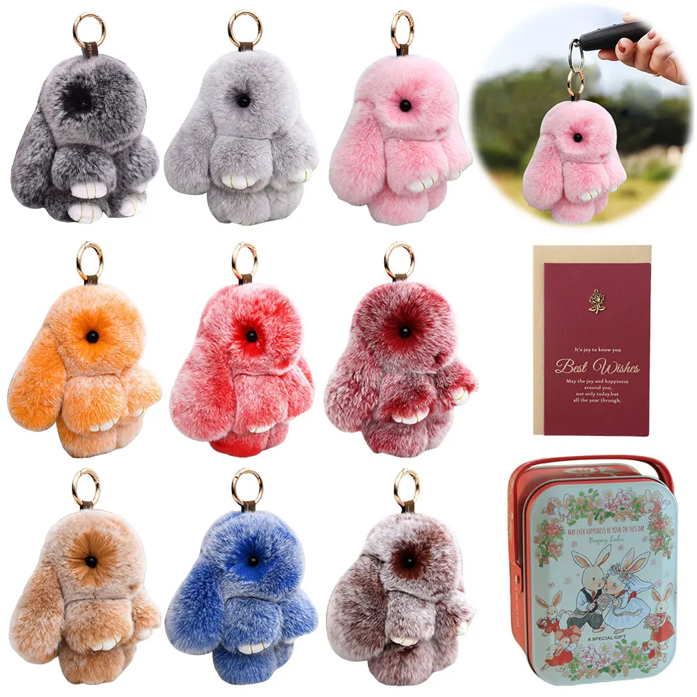 Kawaii Stuffed Animal Keychain Tin Car Key Chain Lovely Bunny Lulu Keyring Pendant with Gift Box & Greeting Card for Bags Keys