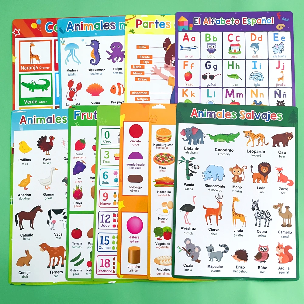 Spanish English Bilingual Words Learning A4 Posters Charts for Kids Kindergarten Classroom Decoration Teacher Teaching Aids 3