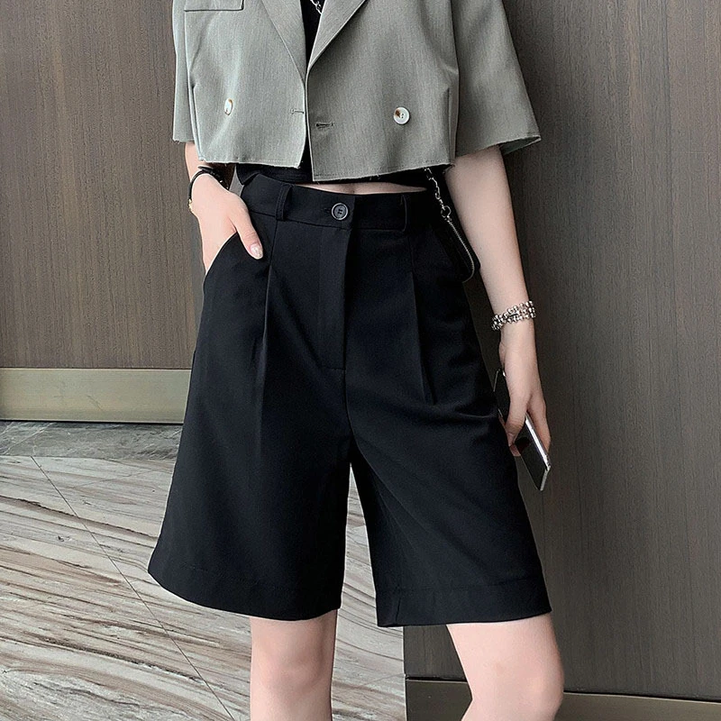 Korean Style Women's Straight Suit Shorts Fashion Mid Waist Loose Elastic Suit Pants With Zipper Button Pockets Ladies Shorts high waisted shorts