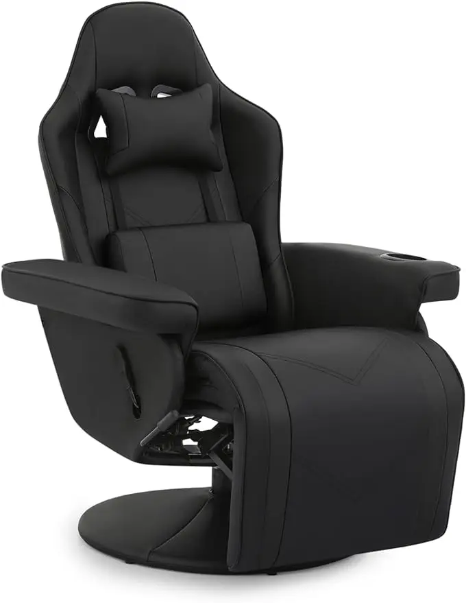 

MoNiBloom Gaming Recliner Chair - PU Leather, Adjustable Lumbar Support & Headrest, Iron Round Base - Black