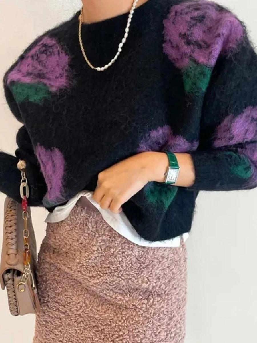 

Women Knit Sweater Long Sleeve Crew Neck Flower Pullover Warm Sweater for Fall Winter