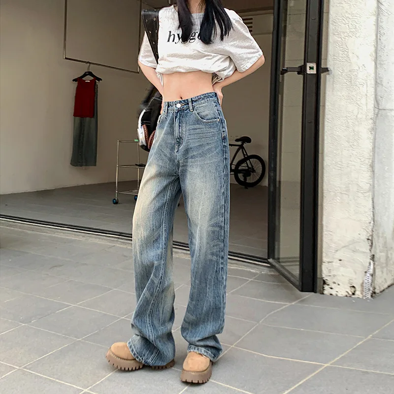 Denim Planet Blue Straight Jeans For Women In Spring 2024 New High Waisted Loose And Slimming Wide Leg Mop Pants