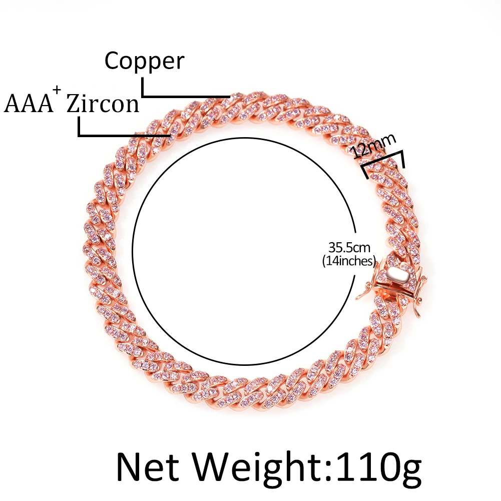 Uwin 12mm Cuban Pink Bracelet Miami Chain Fully Iced Out Bangles Pave Setting AAA+ CZ Luxury Women Accessories