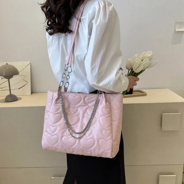 Peach Heart Chain Canvas Bag Women 2023 New Fashion Sweet and Cute Tote Bag Student Class Large Capacity Bag