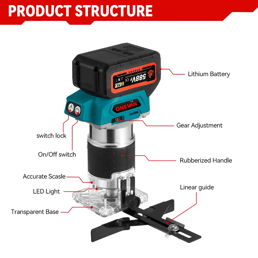 1600W Brushless Electric Hand Trimmer 5 Speeds Cordless Engraving Slotting Trimming Milling Wood Router For Makita 18V Battery 3