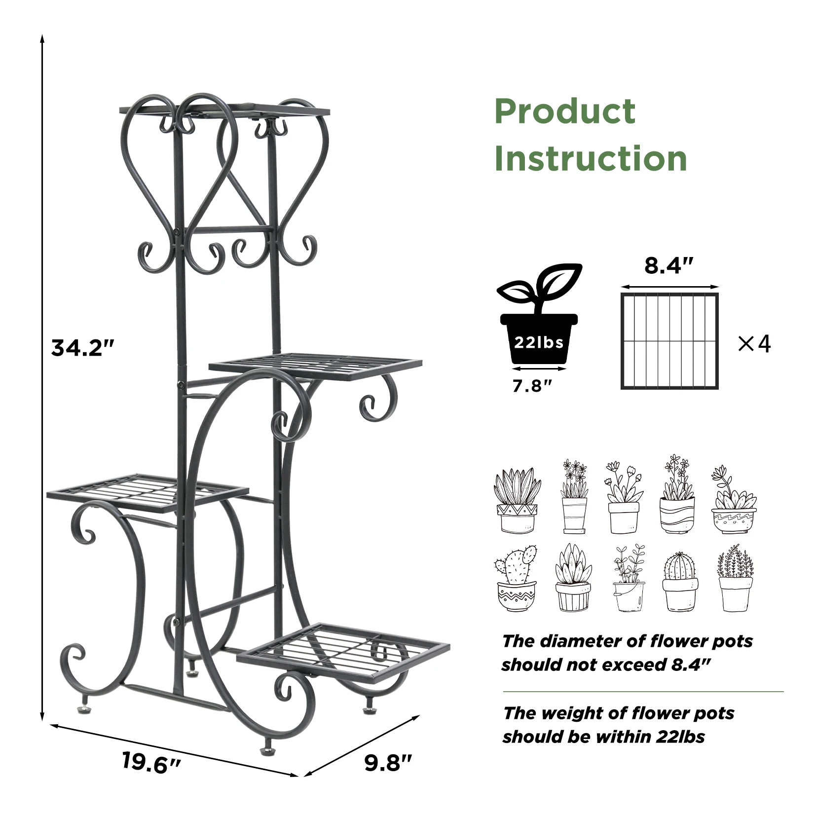 Metal Plant Stand Outdoor Indoor Garden Plant Shelves Pots Holder 4 Tier