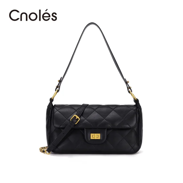 Cnoles Women Underarm Bag Shoulder Bag Black White Split Cow Leather Lady Fashion Luxury Crossbody Bags 1