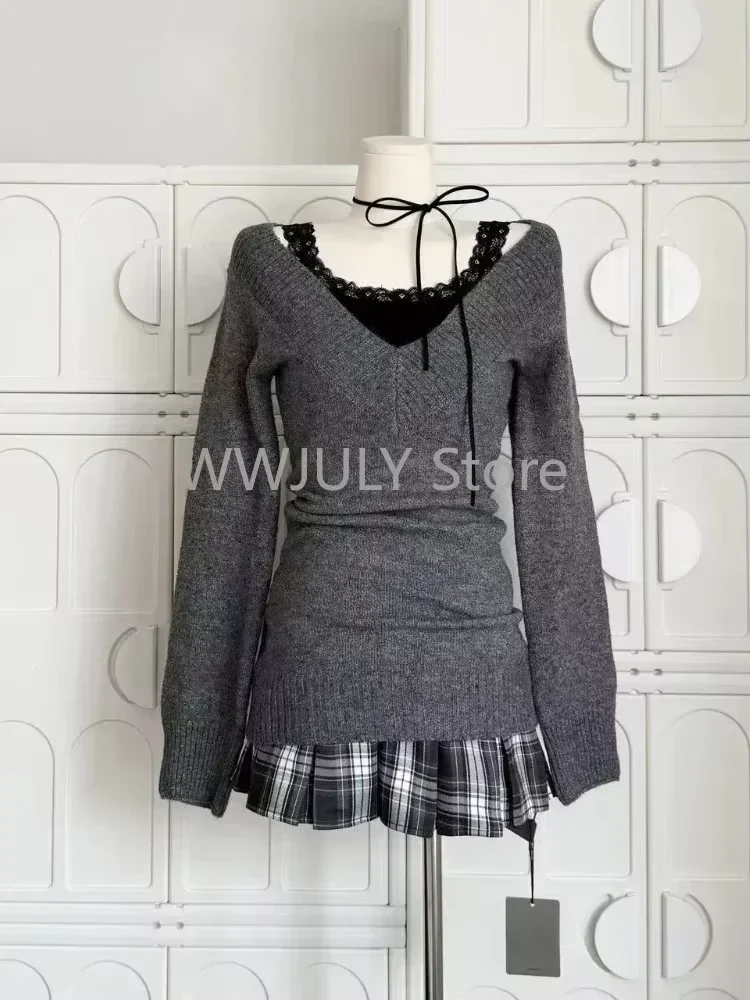 Autumn Winter Woman Gyaru Coquette V-neck French Vintage Sweater Long Sleeve Pullovers Knitwears 2000s Aesthetic Old Money Thick 6