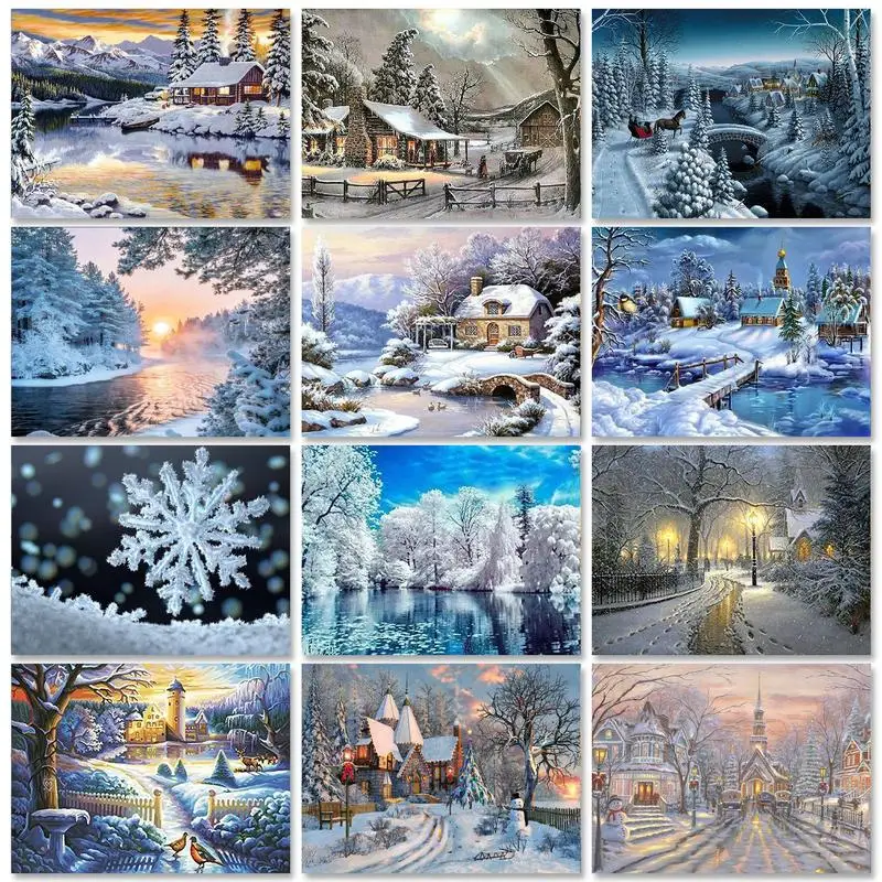 GATYZTORY Round Square Diamond Painting Frame Winter Snow House For Kids Adult Cross Stitch Mosaic Diamond Home Decors Gift