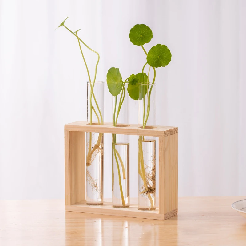 Description Picture 5 of itemHydroponic Plants Container with Wood Frame, Clear Glass Test Tube Vase for Living Rooms Office Delicate Decor