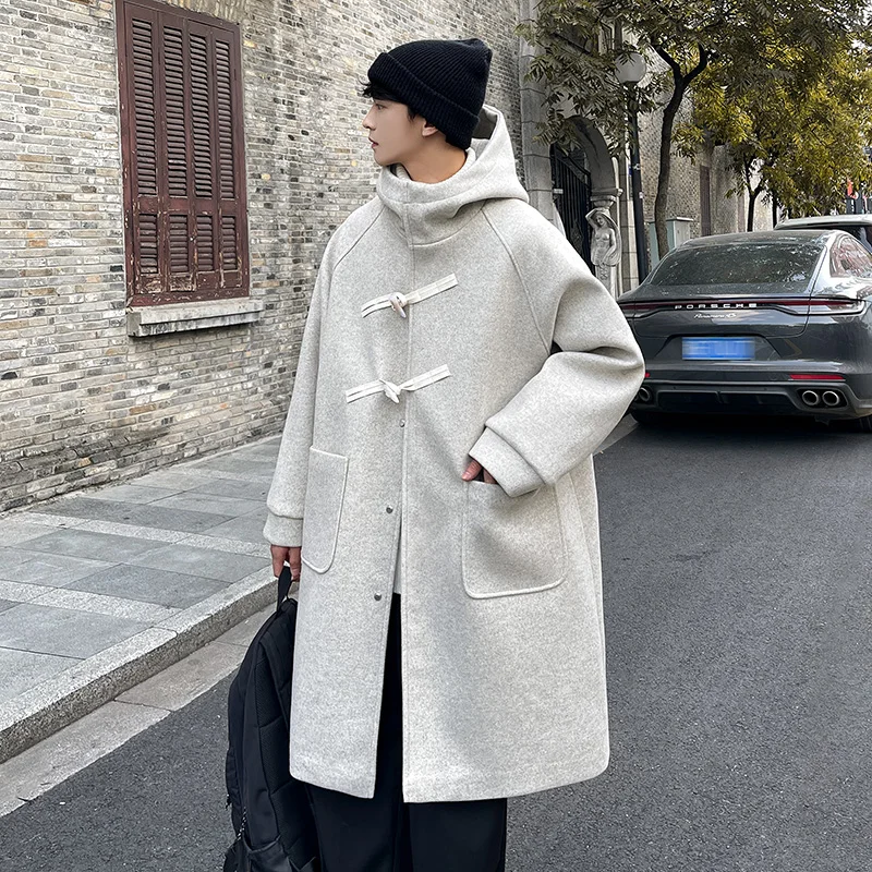 Men New Winter Wool Coat High-grade Solid Color Wool Hooded Retro Horn Buckle Loose Temperament Fashion Casual All-Match Coat