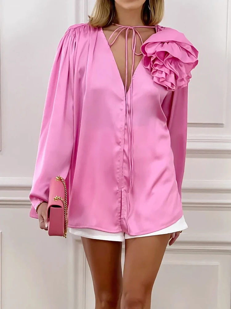 

V-neck Flower Pleated Shirt Women Fashion V Neck Long-sleeved Shirt Spring Summer Elegant Loose Lace Up Tops For Women 2023
